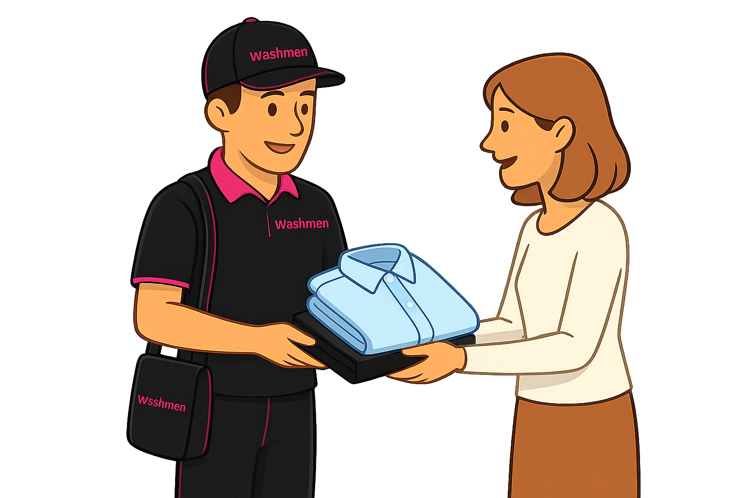 Laundrywala delivery staff handing fresh laundry to a customer
